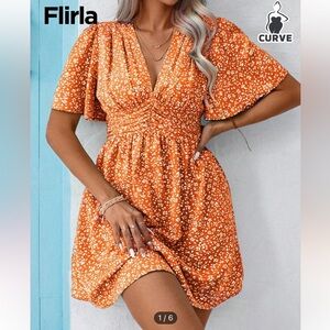 SHEIN Orange Floral Short Sleeve Mini Dress